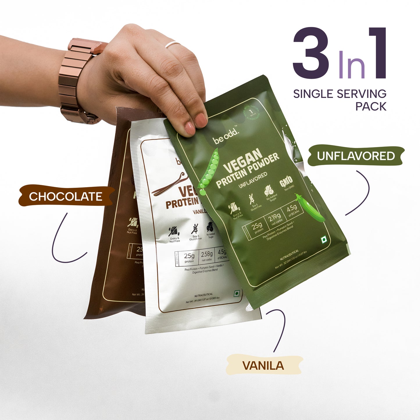 VEGAN PROTEIN POWDER 3 IN 1 SINGLE SERVING SACHETS